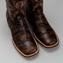 MEN'S AMERICAN ALLIGATOR PRINT LEATHER BROWN SQUARE TOE COWBOY BOOT-2