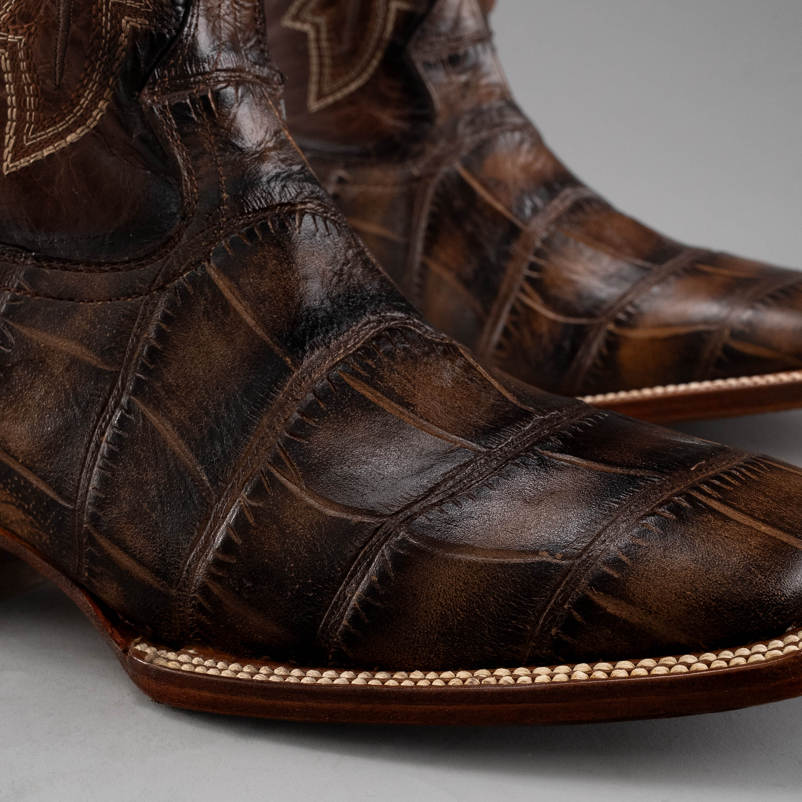 MEN'S AMERICAN ALLIGATOR PRINT LEATHER BROWN SQUARE TOE COWBOY BOOT