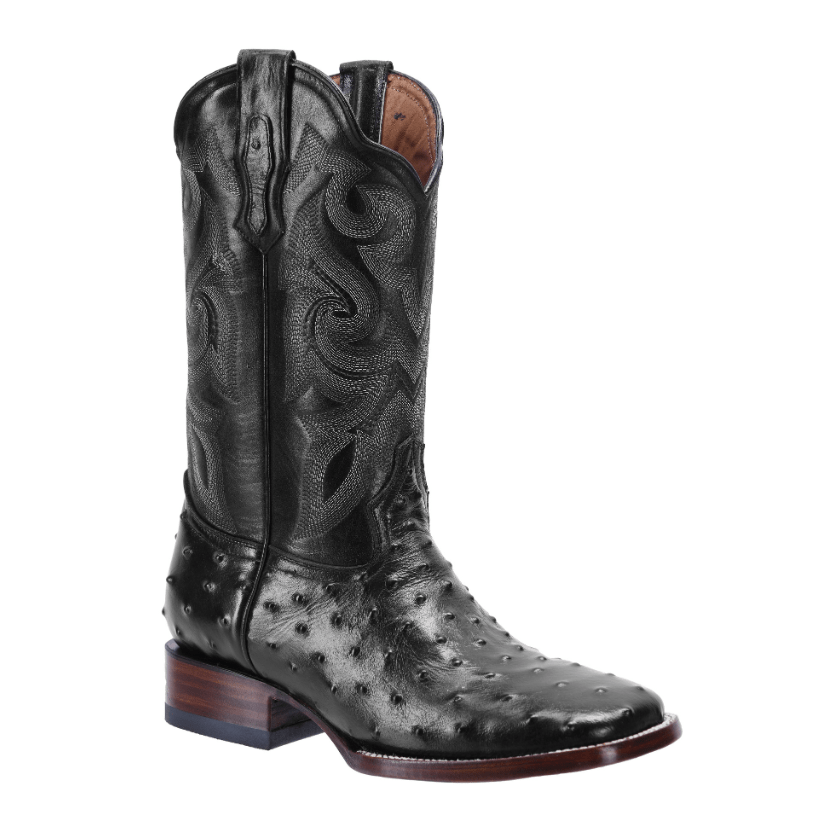 BD701 BLACK Ostrich Print Leather Men's Western Cowboy Boots: Square Toe Boot, Leather Sole Rodeo Boots