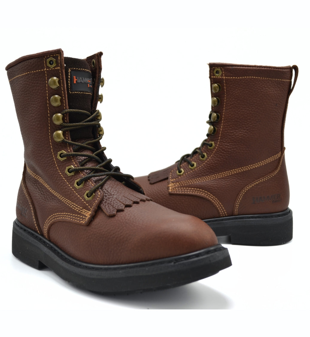 HM118 MEN'S LACER WORK BOOTS 8" BROWN FULL GRAIN LEATHER FLEXIBLE COMFORT ZIPPER BOOT LACE UP WORK BOOT - 0