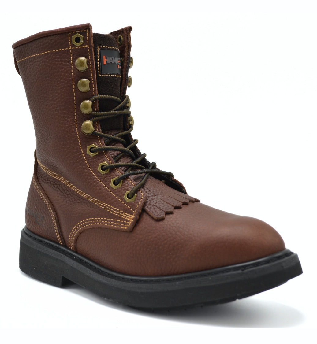 HM118 MEN'S LACER WORK BOOTS 8" BROWN FULL GRAIN LEATHER FLEXIBLE COMFORT ZIPPER BOOT LACE UP WORK BOOT