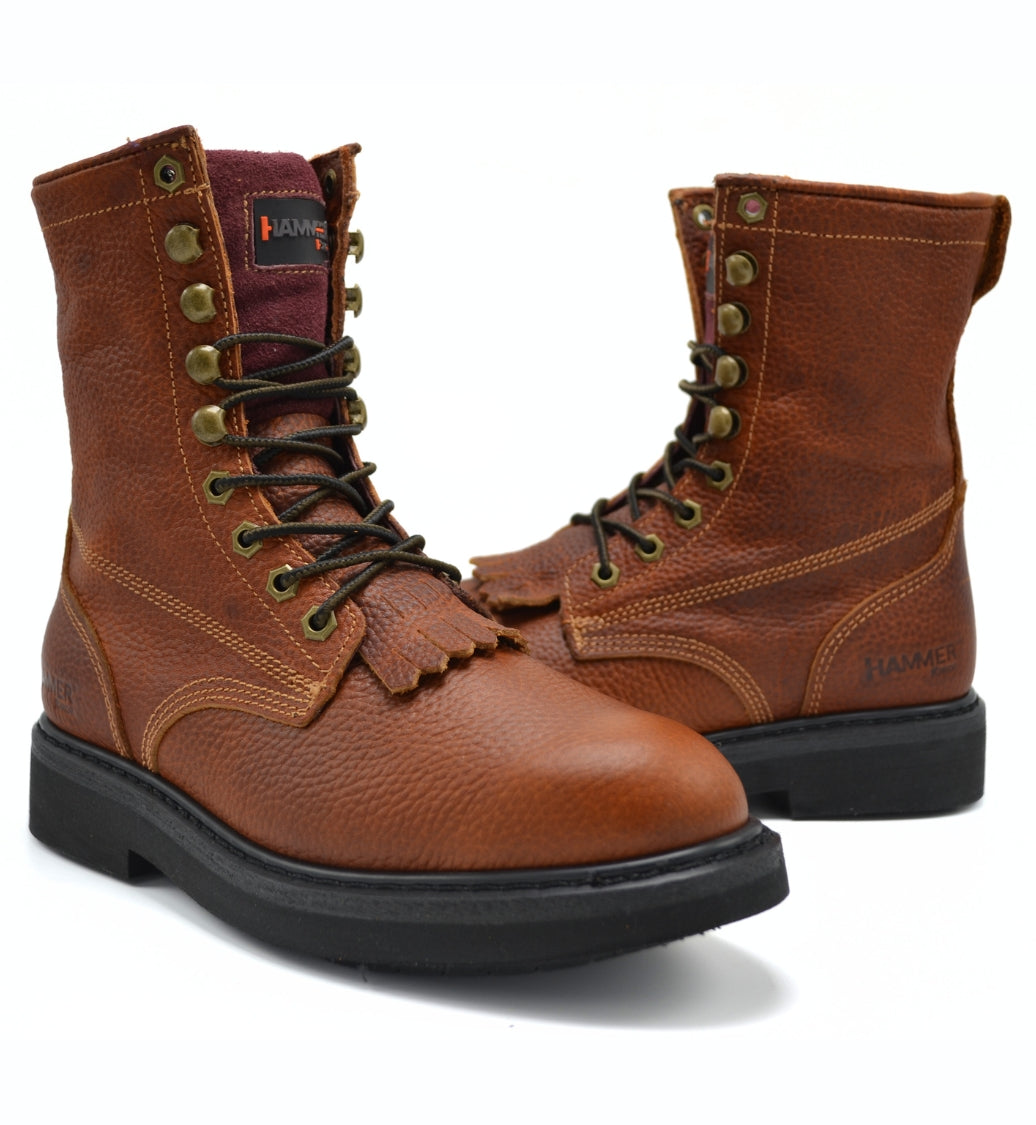 HM118 MEN'S LACER WORK BOOTS 8" TAN FULL GRAIN LEATHER FLEXIBLE COMFORT ZIPPER BOOT LACE UP WORK BOOT - 0