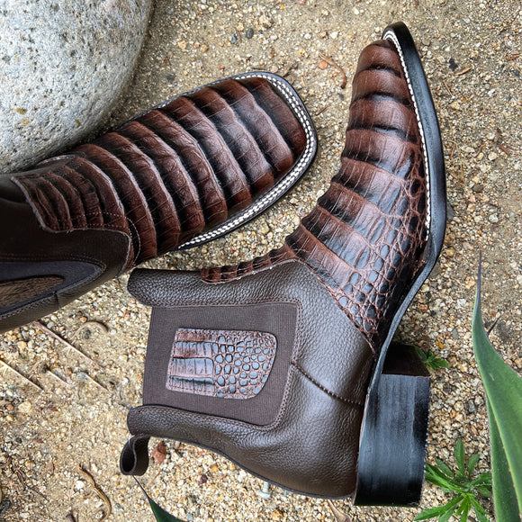 SQUARE TOE  MEN'S CROCODILE RODEO ANKLE BOOT BROWN COLOR