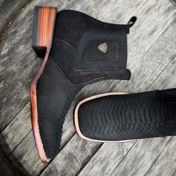 PYTHON PRINT BLACK MEN'S SHORT ANKLE RODEO SQUARE TOE BOOTS - 0