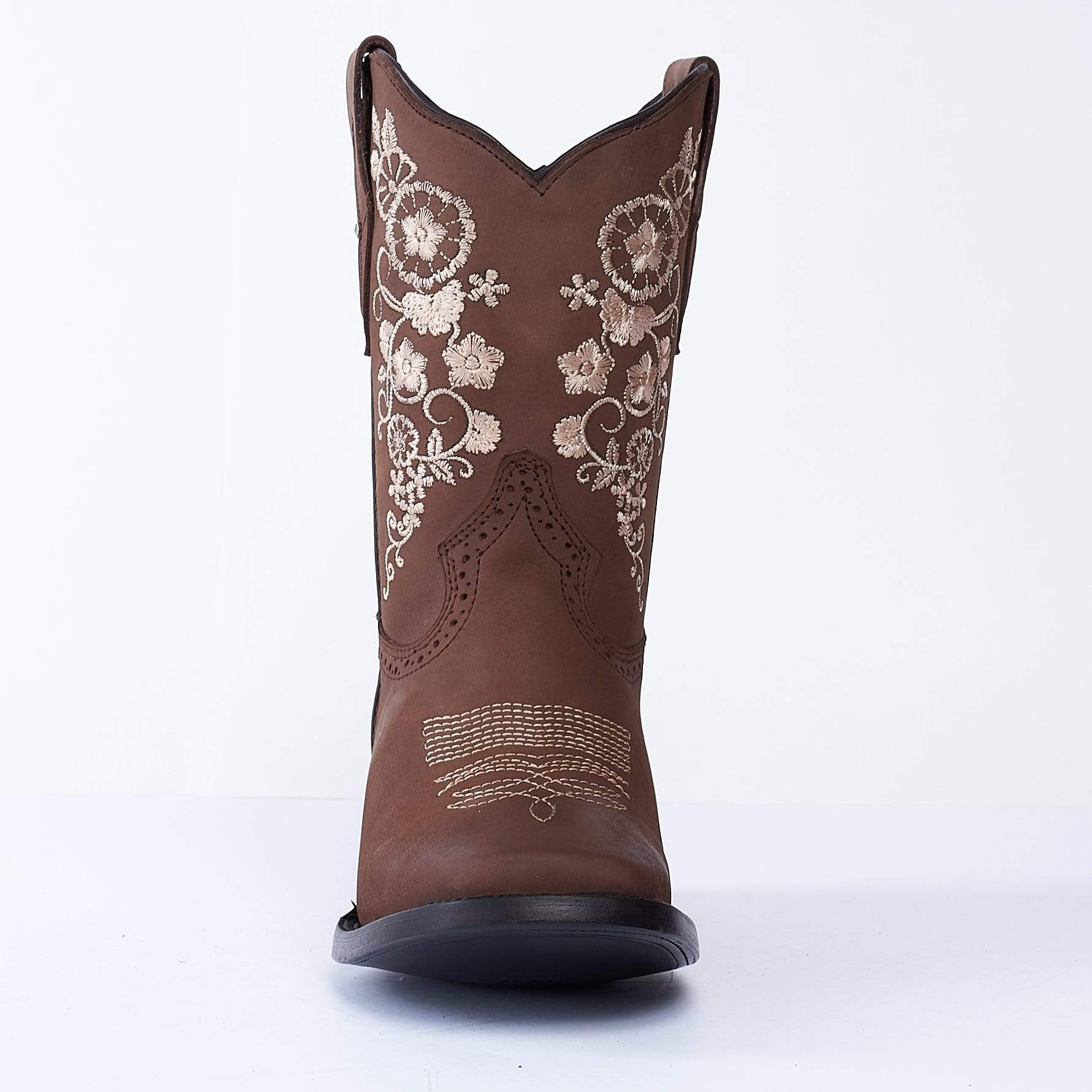 JB14-01 Women's Western Ankle Boots BROWN with Flowers, Embroidered Boots: Square Toe. Low Heel Boots Cowboy boots