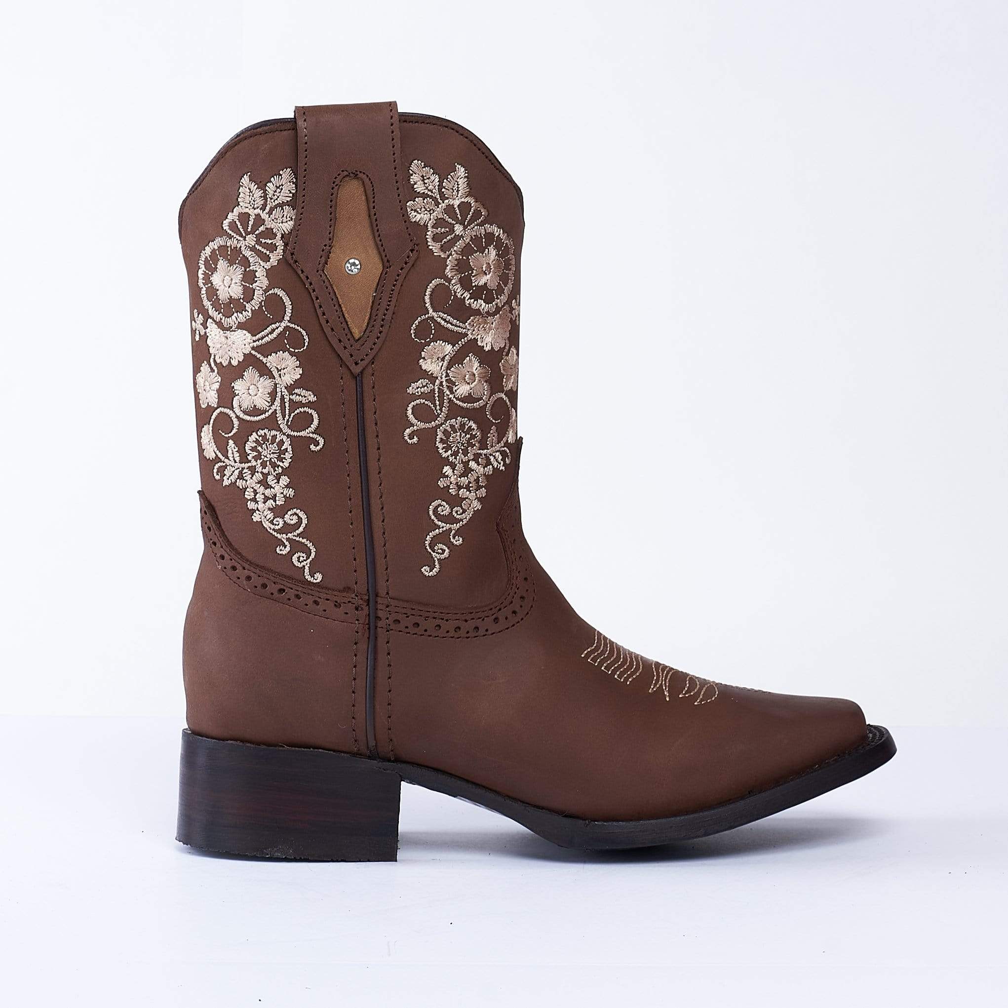 JB14-01 Women's Western Ankle Boots BROWN with Flowers, Embroidered Boots: Square Toe. Low Heel Boots Cowboy boots - 0