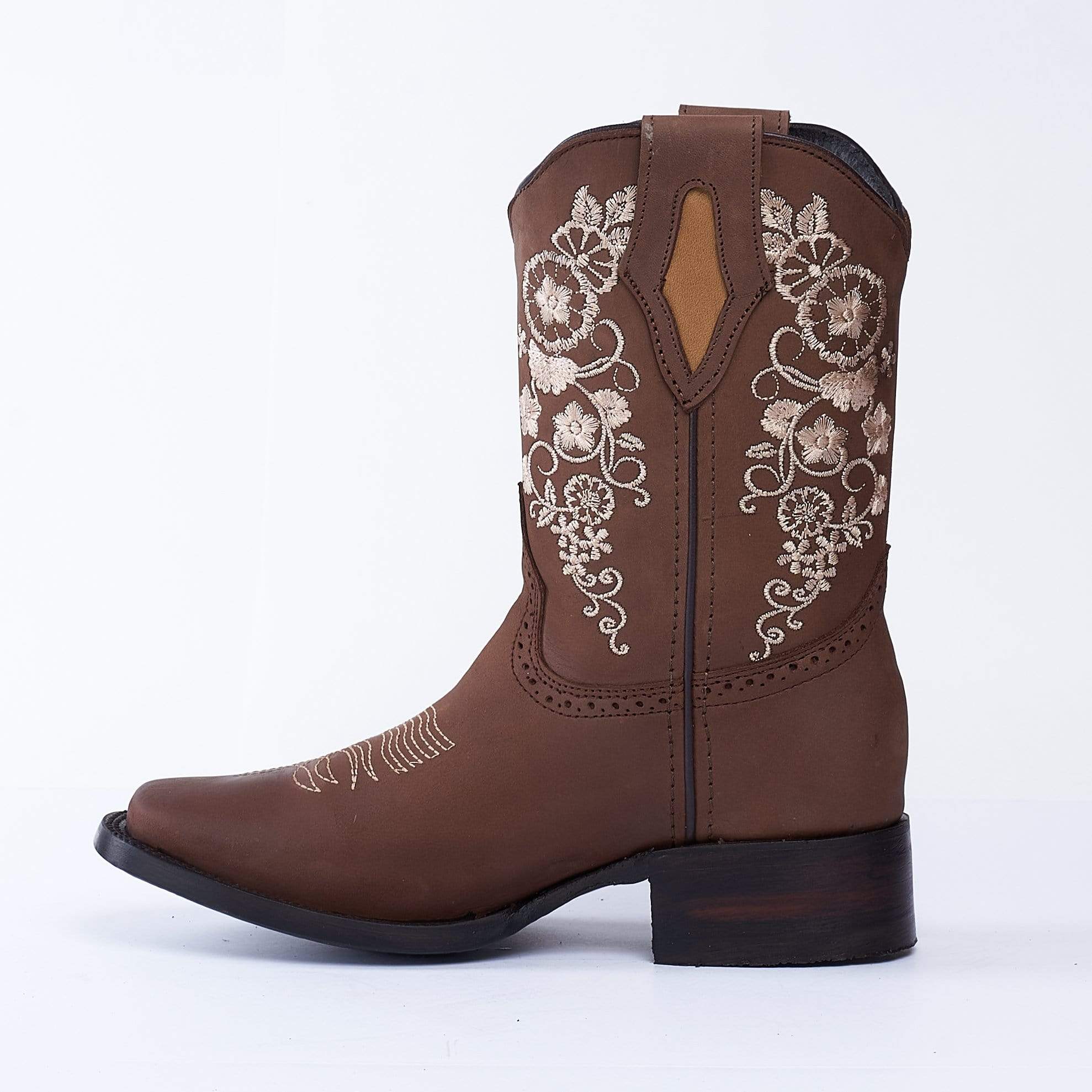 JB14-01 Women's Western Ankle Boots BROWN with Flowers, Embroidered Boots: Square Toe. Low Heel Boots Cowboy boots