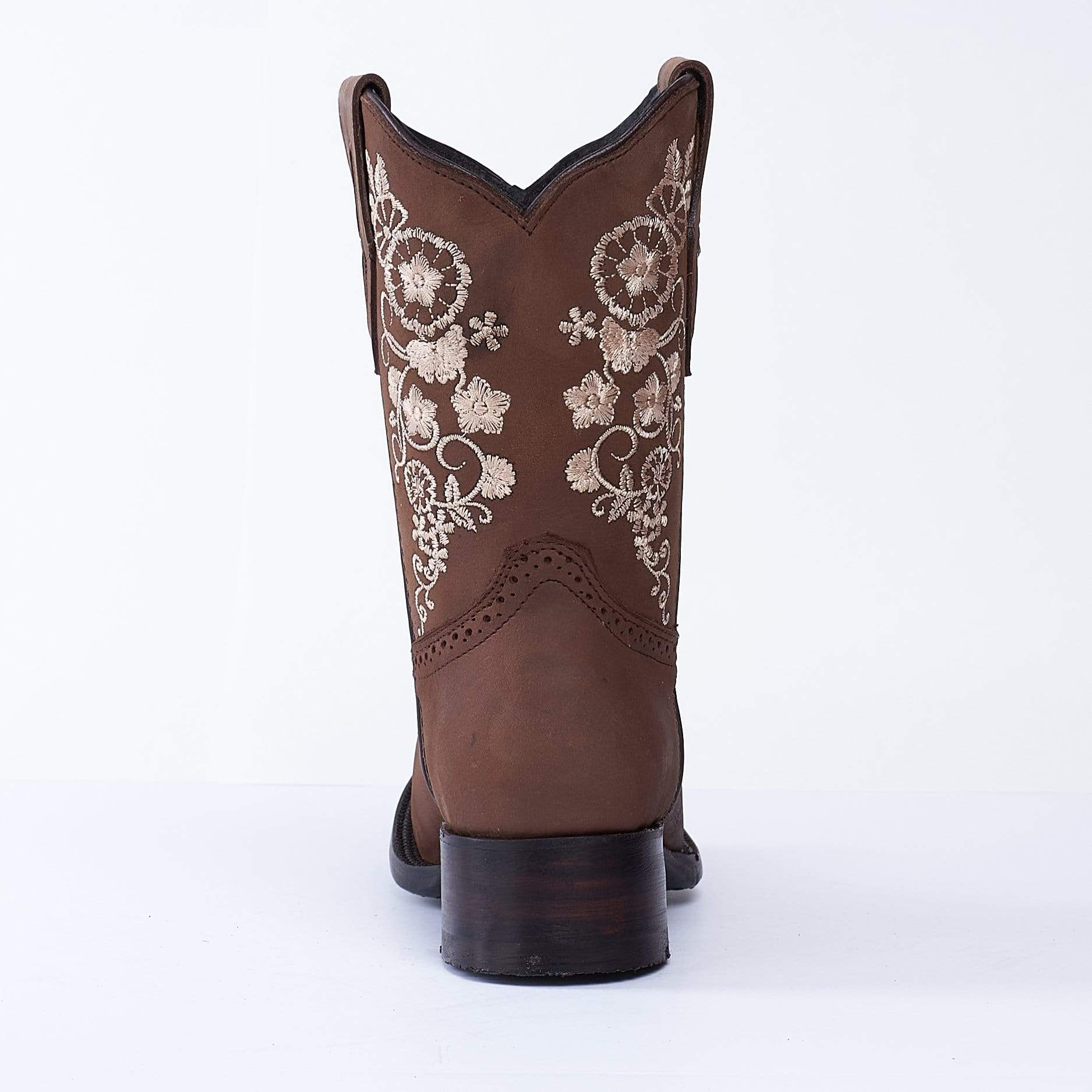 JB14-01 Women's Western Ankle Boots BROWN with Flowers, Embroidered Boots: Square Toe. Low Heel Boots Cowboy boots