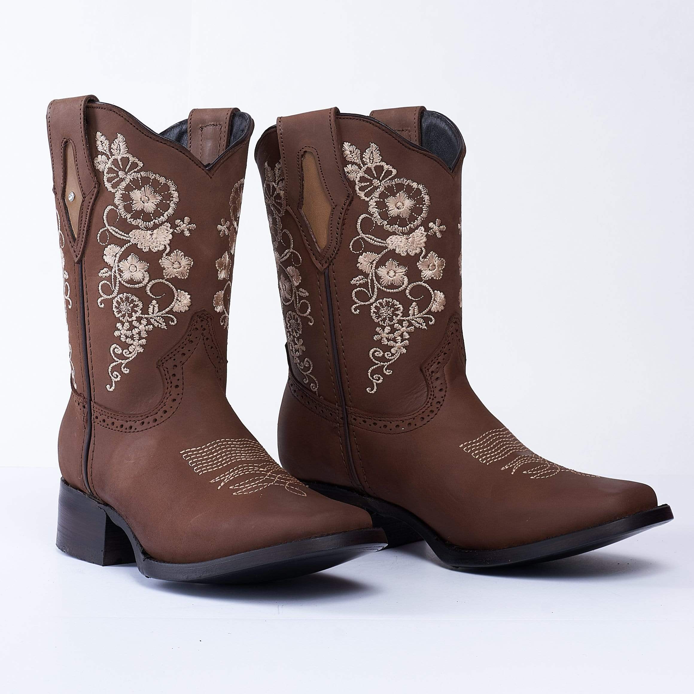 JB14-01 Women's Western Ankle Boots BROWN with Flowers, Embroidered Boots: Square Toe. Low Heel Boots Cowboy boots