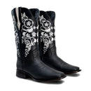 WOMEN’S 1501 BLACK PREMIUM COWBOY BOOTS – SQUARE TOE WESTERN BOOT WITH WHITE EMBROIDERED FLOWERS-1