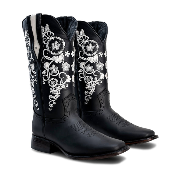 WOMEN’S 1501 BLACK PREMIUM COWBOY BOOTS – SQUARE TOE WESTERN BOOT WITH WHITE EMBROIDERED FLOWERS