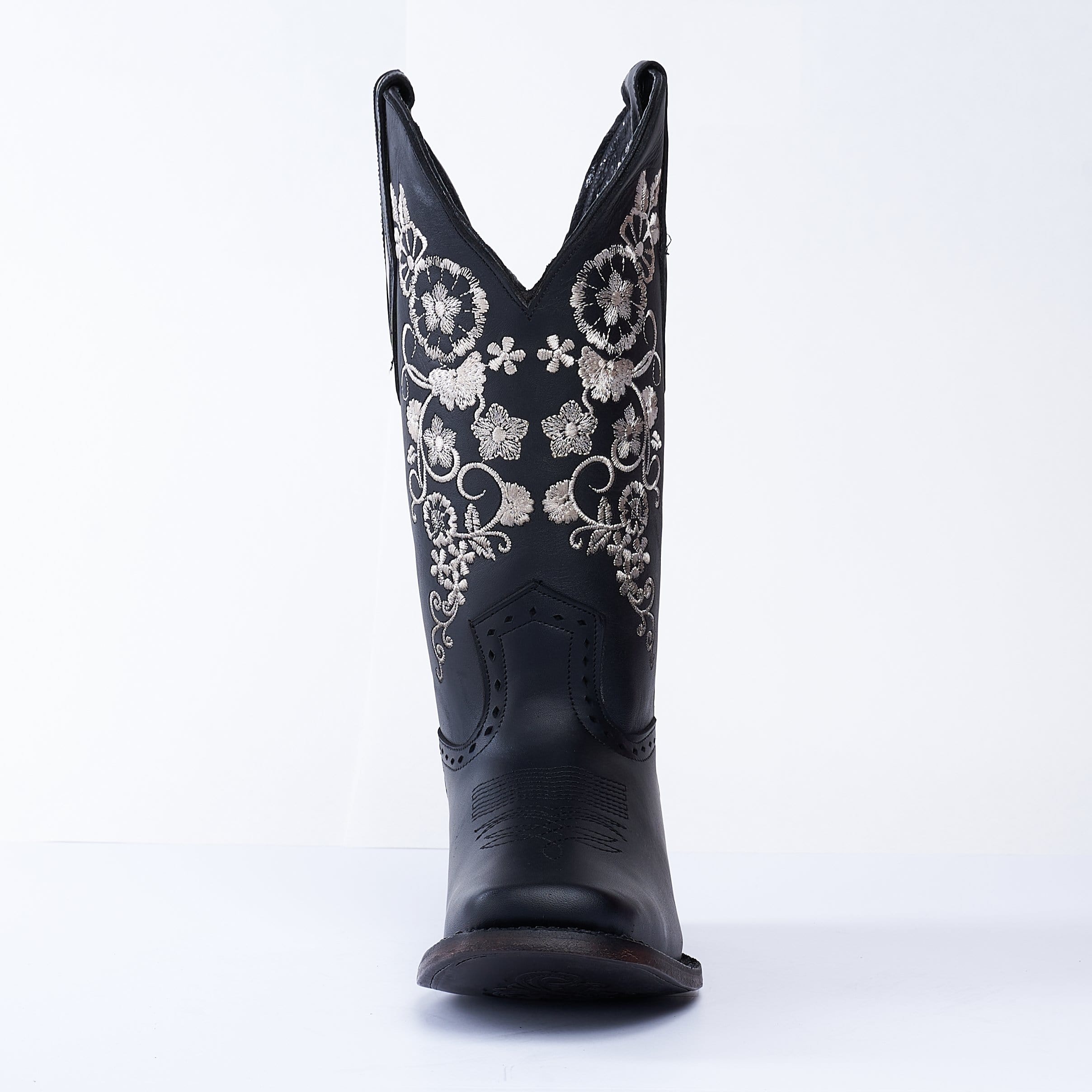 JB15-01 Women's Western Boots BLACK  with  Flowers, Embroidered Boots: Square Toe. Low Heel Boots Premium Women's Cowboy Boots