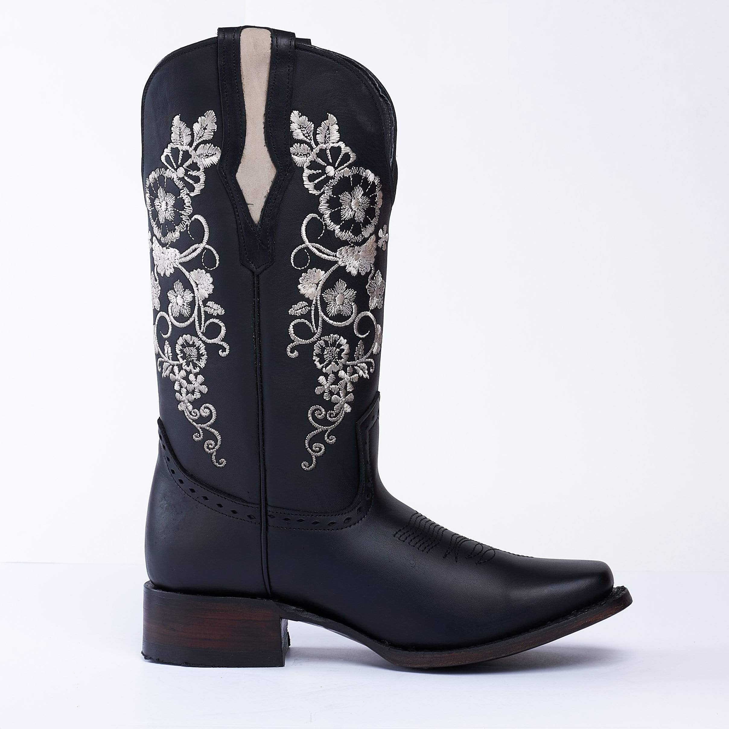 JB15-01 Women's Western Boots BLACK  with  Flowers, Embroidered Boots: Square Toe. Low Heel Boots Premium Women's Cowboy Boots