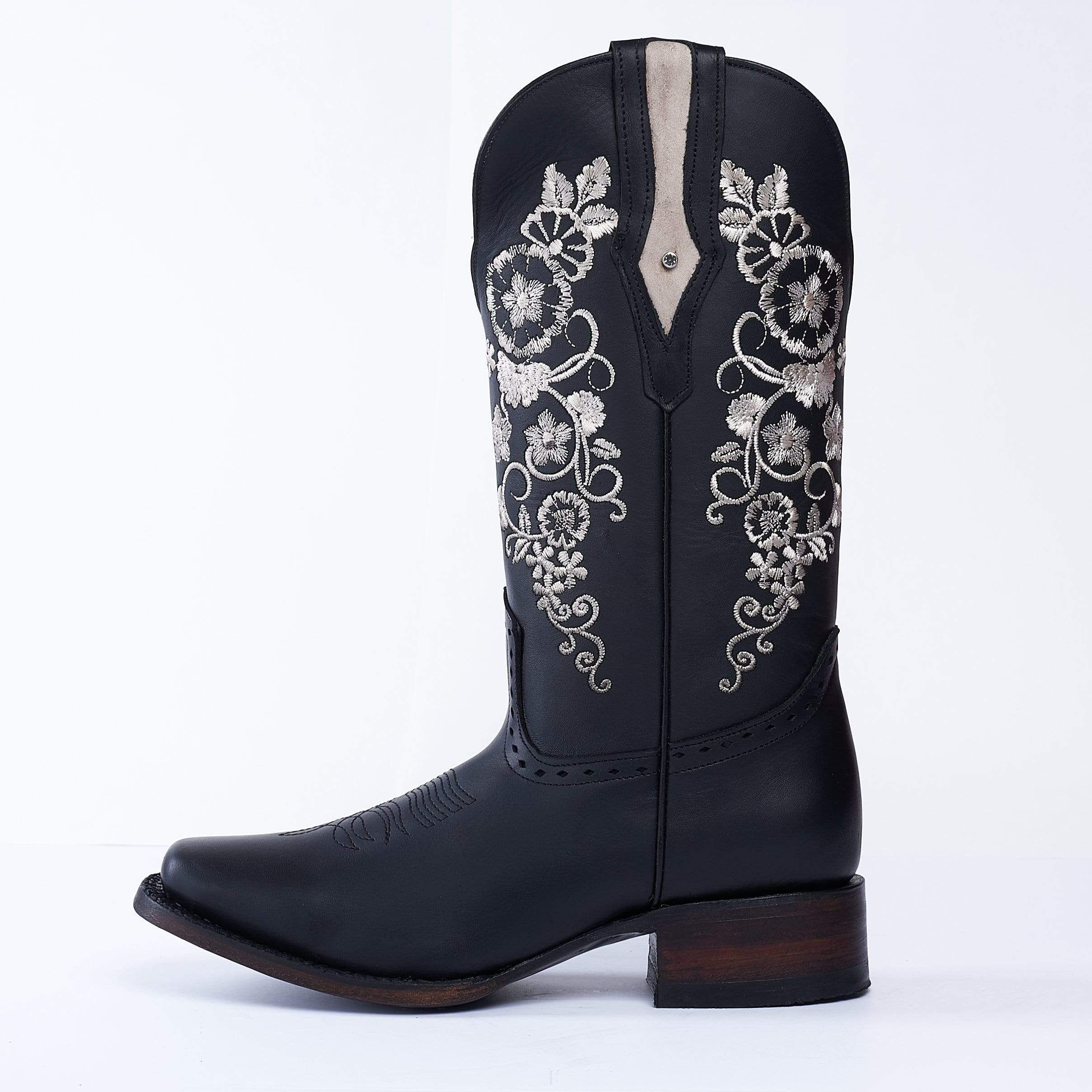 JB15-01 Women's Western Boots BLACK  with  Flowers, Embroidered Boots: Square Toe. Low Heel Boots Premium Women's Cowboy Boots