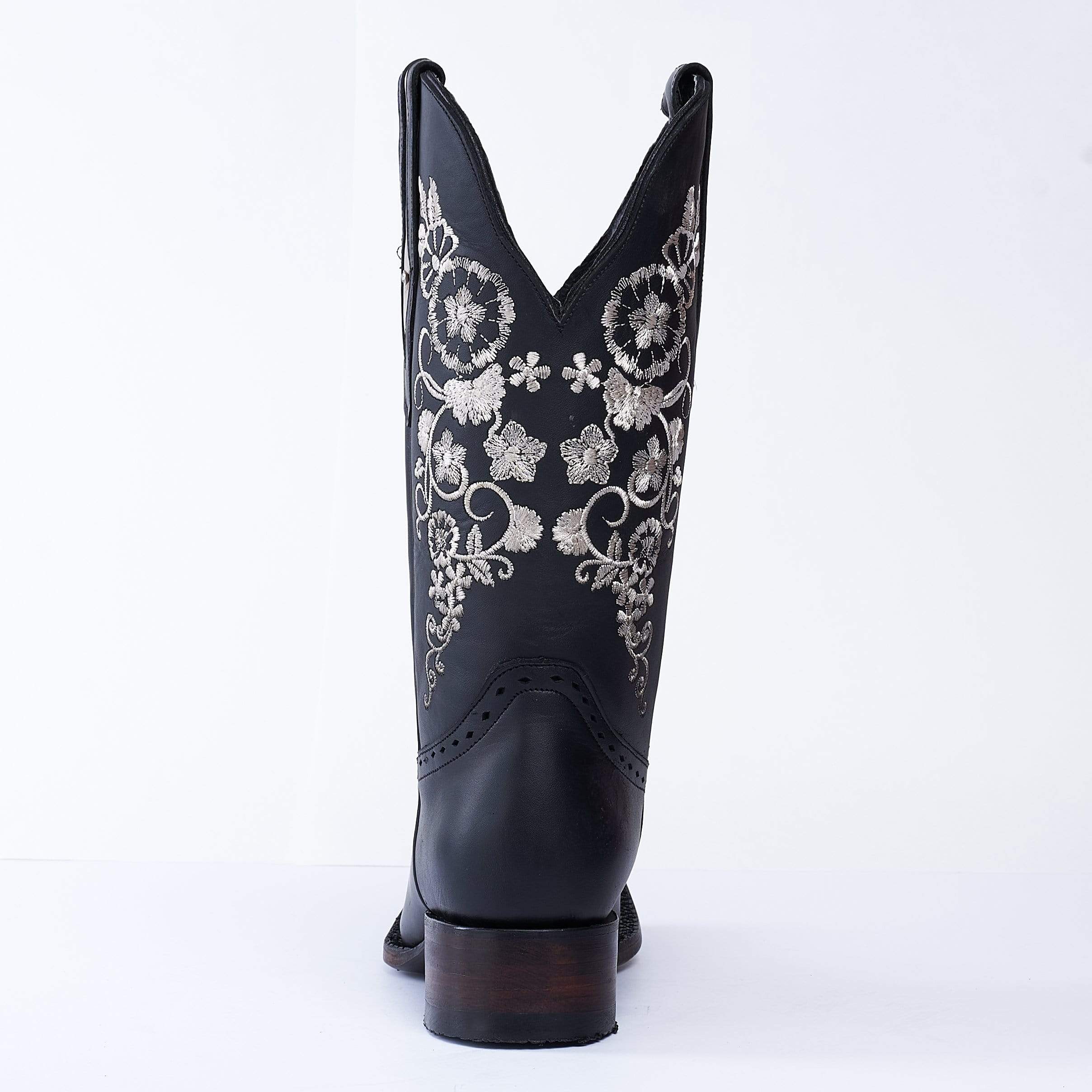 JB15-01 Women's Western Boots BLACK  with  Flowers, Embroidered Boots: Square Toe. Low Heel Boots Premium Women's Cowboy Boots