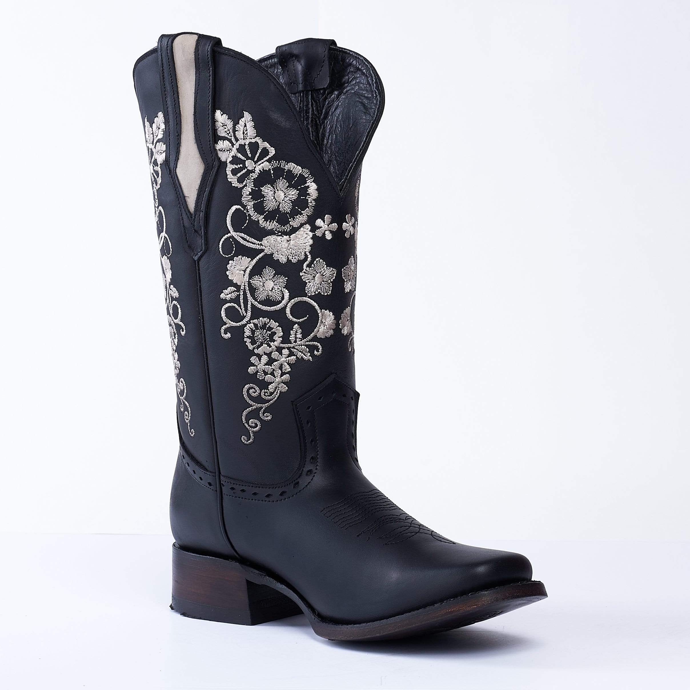 JB15-01 Women's Western Boots BLACK  with  Flowers, Embroidered Boots: Square Toe. Low Heel Boots Premium Women's Cowboy Boots - 0