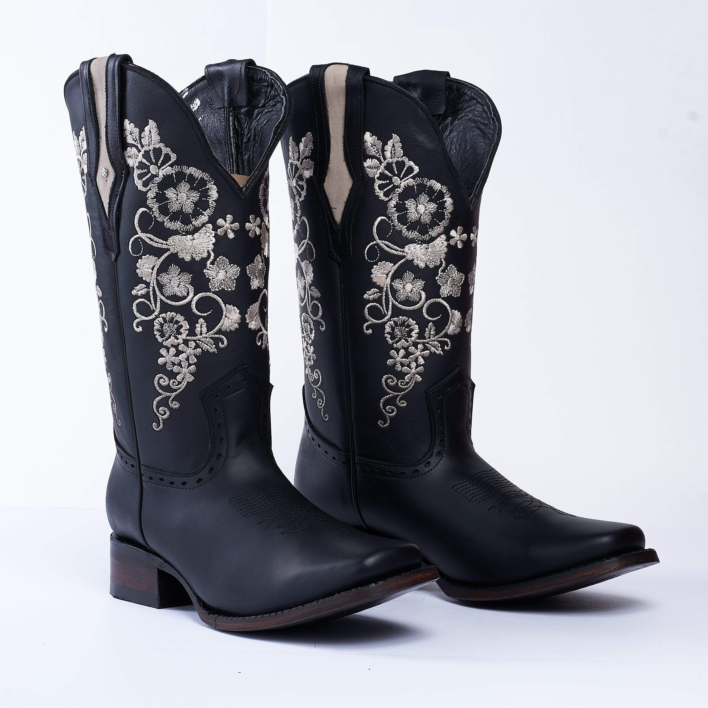 JB15-01 Women's Western Boots BLACK  with  Flowers, Embroidered Boots: Square Toe. Low Heel Boots Premium Women's Cowboy Boots