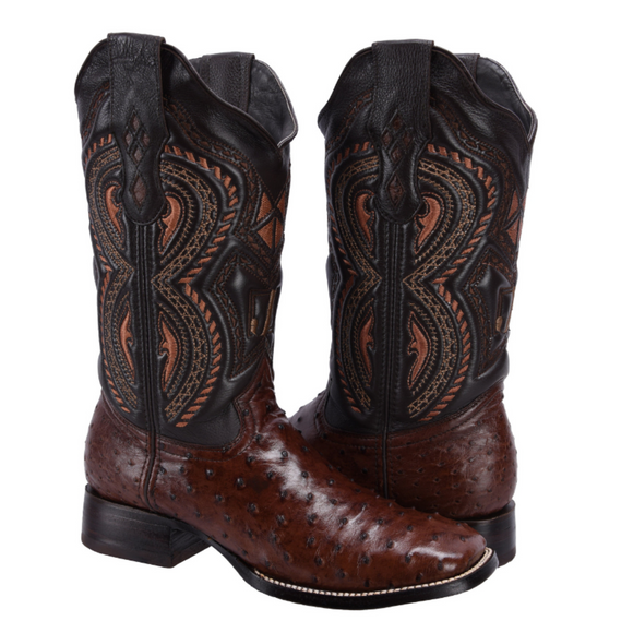 MEN'S 703 BROWN WESTERN BOOTS EXOTIC OSTRICH LEATHER SQUARE TOE COWBOY BOOT - 0