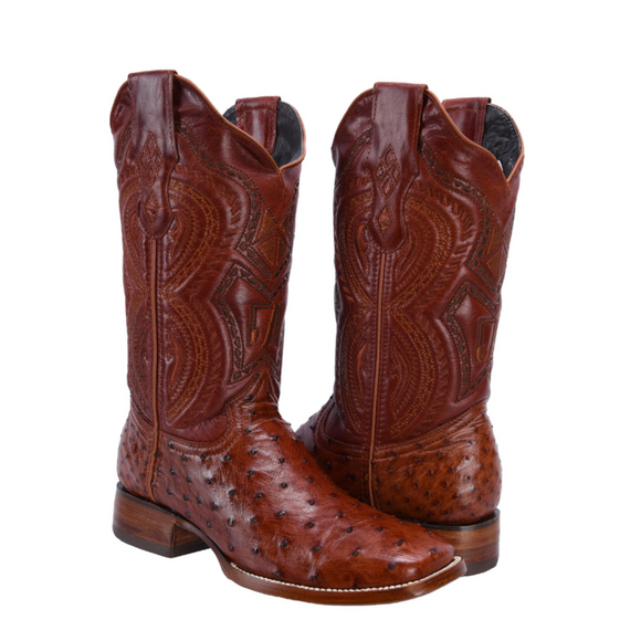 MEN'S 703 COGNAC WESTERN BOOT EXOTIC OSTRICH LEATHER SQUARE TOE COWBOY BOOT - 0