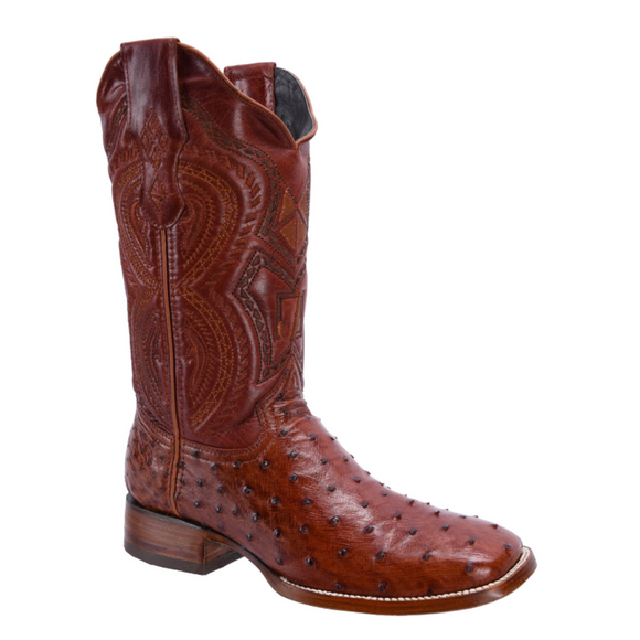 MEN'S 703 COGNAC WESTERN BOOT EXOTIC OSTRICH LEATHER SQUARE TOE COWBOY BOOT
