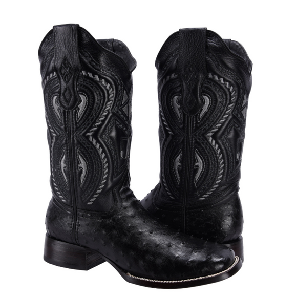 RC 703 Original Men's Ostrich BLACK  Western Boots, Square Toe Cowboy boots, Authentic Ostrich Leather - 0