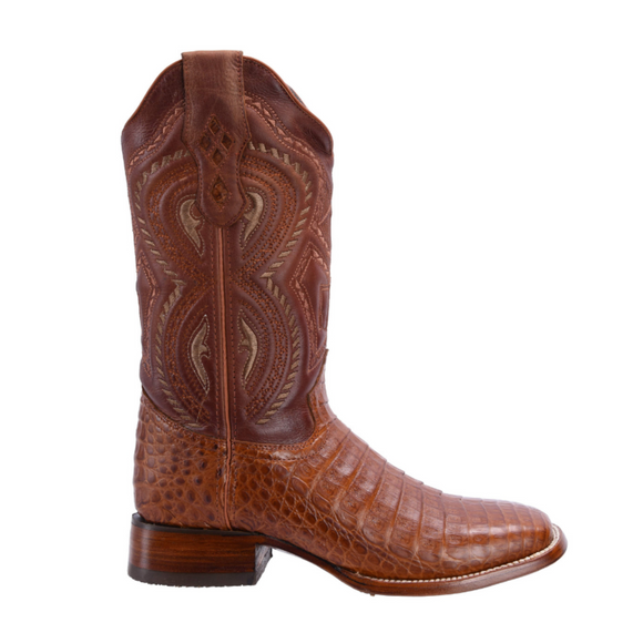 MEN'S 706 COGNAC WESTERN BOOTS EXOTIC CAIMAN LEATHER SQUARE TOE COWBOY BOOTS