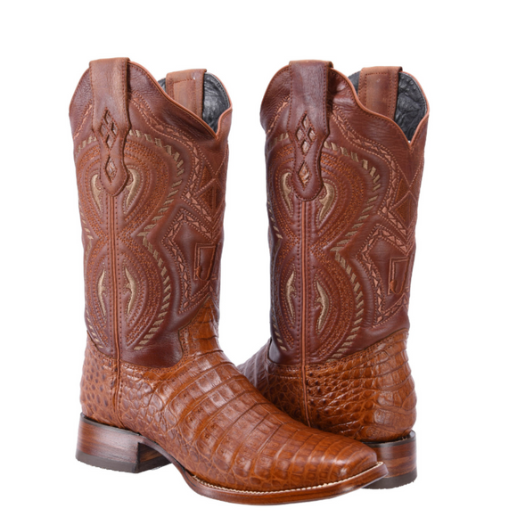 MEN'S 706 COGNAC WESTERN BOOTS EXOTIC CAIMAN LEATHER SQUARE TOE COWBOY BOOTS - 0