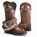 WOMEN’S JAZMIN SAND PREMIUM COWBOY BOOTS – EMBROIDERED SQUARE TOE WESTERN BOOT BUNDLE BELT-1