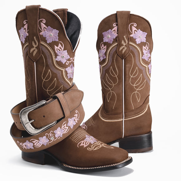 WOMEN’S JAZMIN SAND PREMIUM COWBOY BOOTS – EMBROIDERED SQUARE TOE WESTERN BOOT BUNDLE BELT