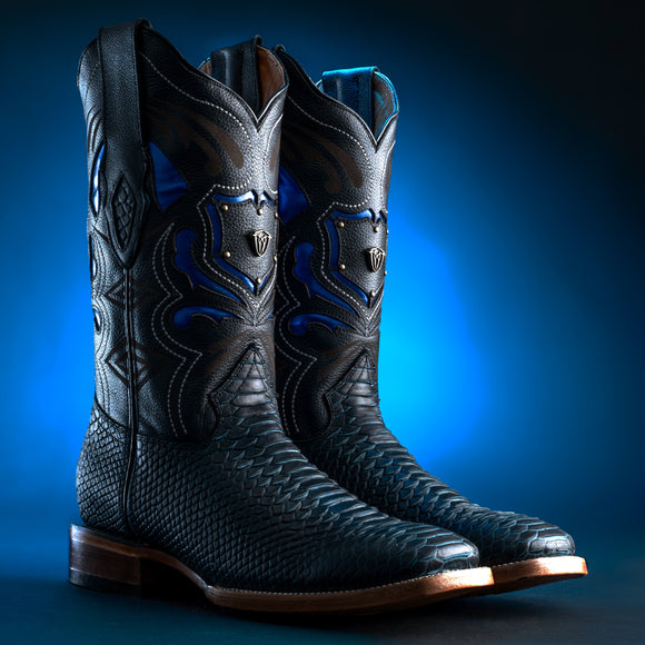 Buy blue MEN&#39;S MAMBA RODEO BOOTS PYTHON PRINT LEATHER SQUARE TOE HONEY COWBOY
