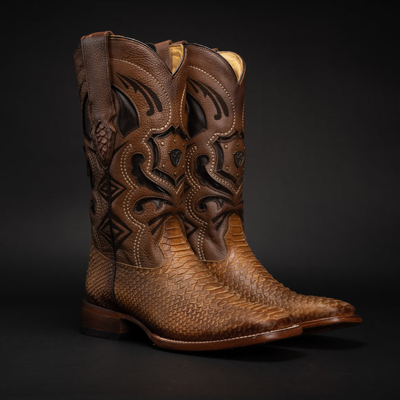 MEN'S MAMBA RODEO BOOTS PYTHON PRINT LEATHER SQUARE TOE HONEY COWBOY