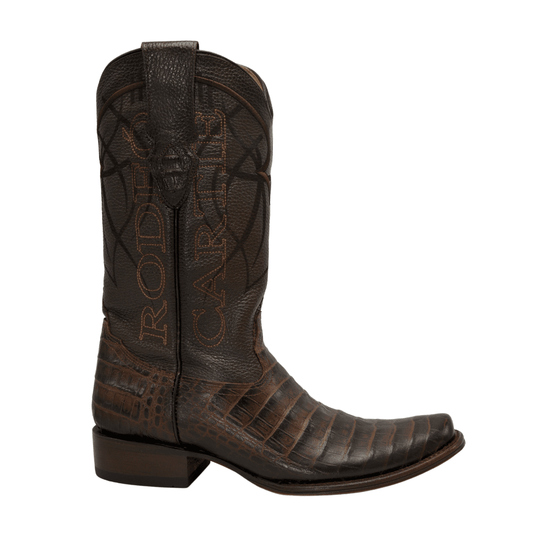 COMBO MEN'S DENVER WESTERN BOOTS  BROWN CAIMAN PRINT LEATHER COMBO DUBAI TOE WHIT BELT