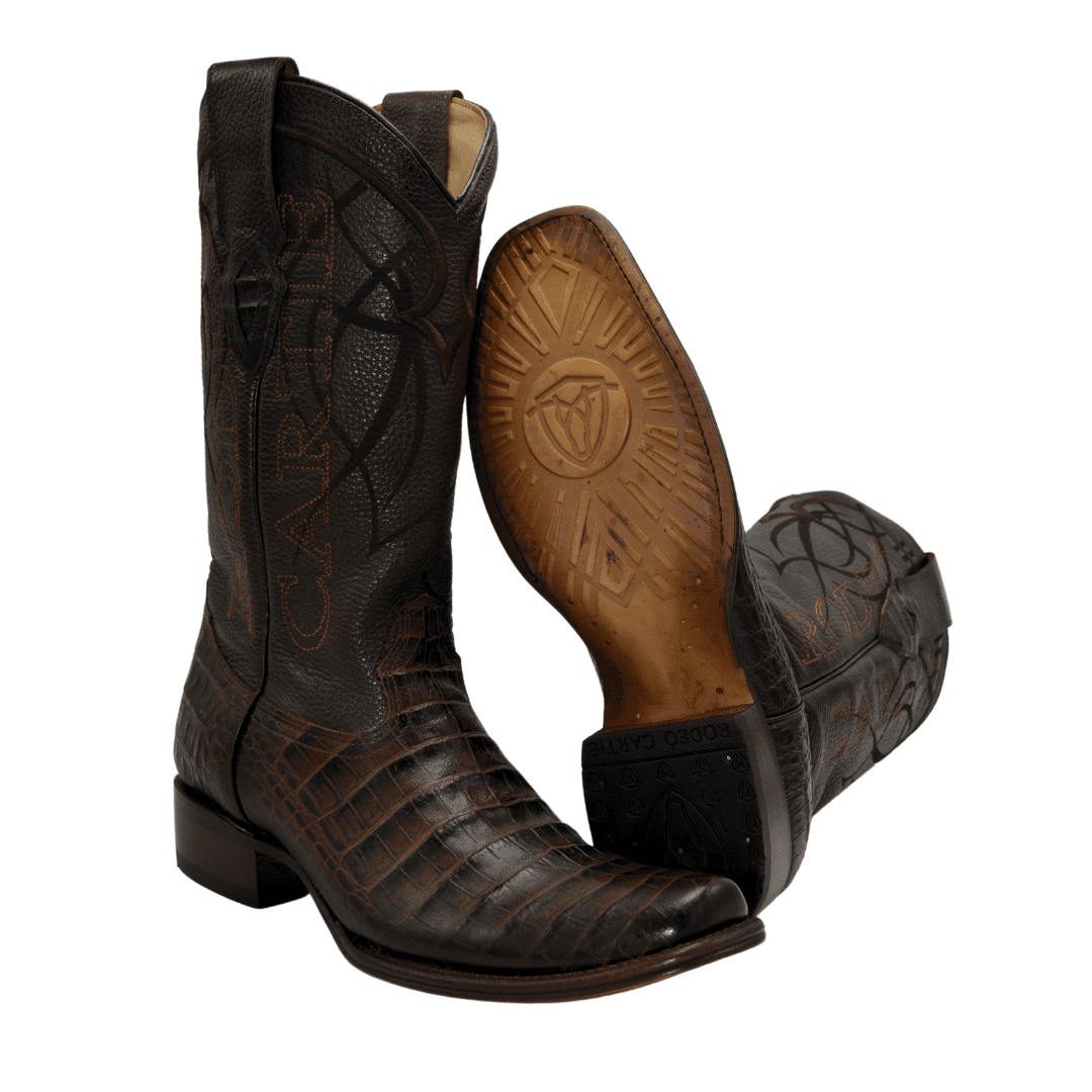 COMBO MEN'S DENVER WESTERN BOOTS  BROWN CAIMAN PRINT LEATHER COMBO DUBAI TOE WHIT BELT