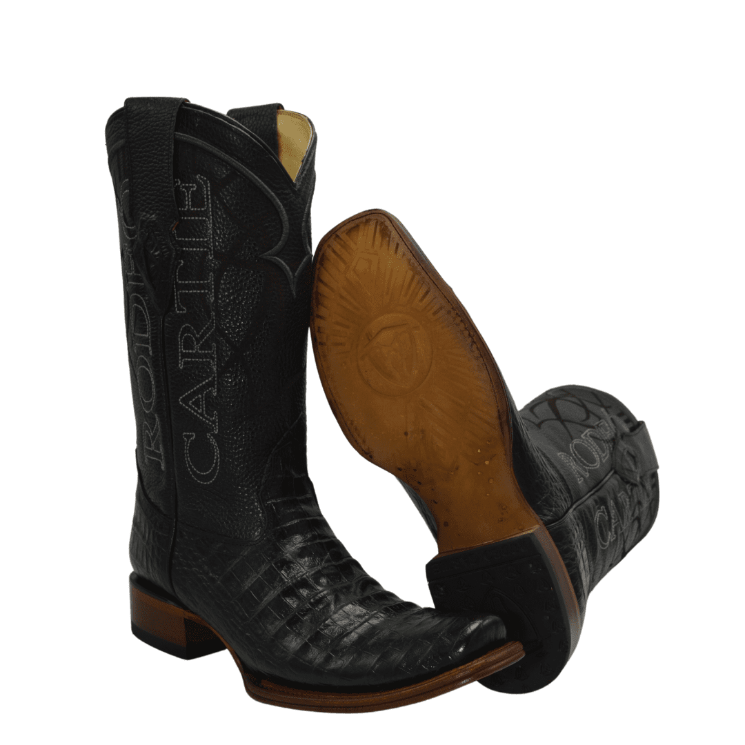 COMBO MEN'S DENVER WESTERN BOOTS BLACK CAIMAN PRINT LEATHER COWBOY DUBAI TOE WHIT BELT