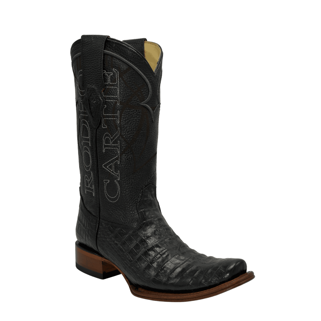 COMBO MEN'S DENVER WESTERN BOOTS BLACK CAIMAN PRINT LEATHER COWBOY DUBAI TOE WHIT BELT