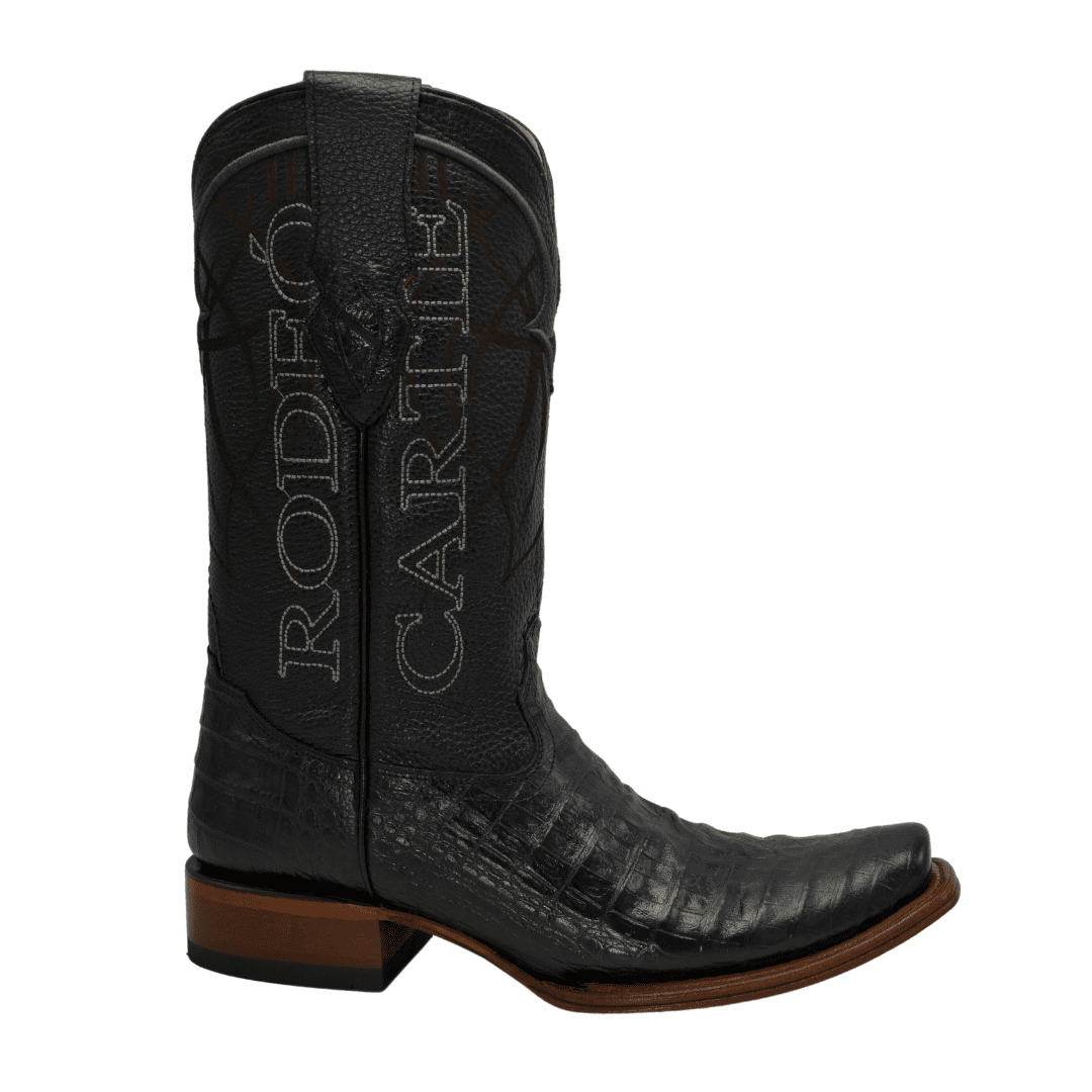 COMBO MEN'S DENVER WESTERN BOOTS BLACK CAIMAN PRINT LEATHER COWBOY DUBAI TOE WHIT BELT - 0