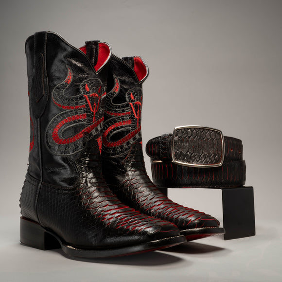 MEN'S WESTERN BOOTS VIPER LAVA PYTHON SQUARE TOE COWBOY BOOTS WITH BELT BUNDLE