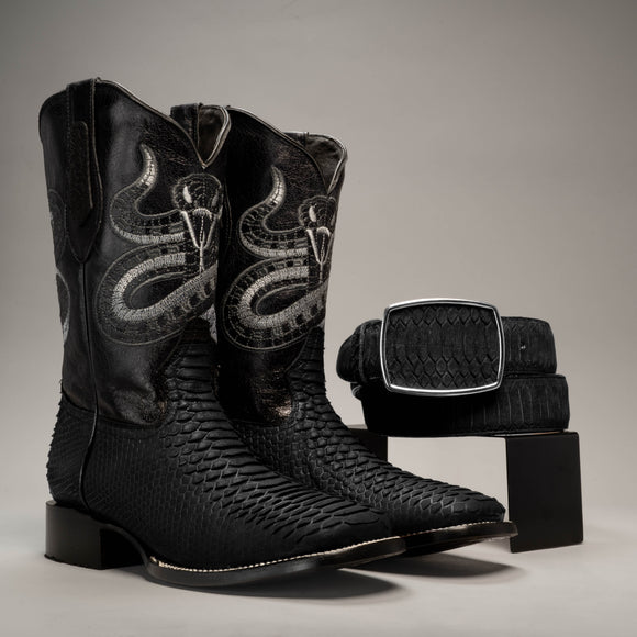 MEN'S BLACK WESTERN BOOT VIPER PYTHON SQUARE TOE COWBOY BOOTS WITH BELT BUNDLE