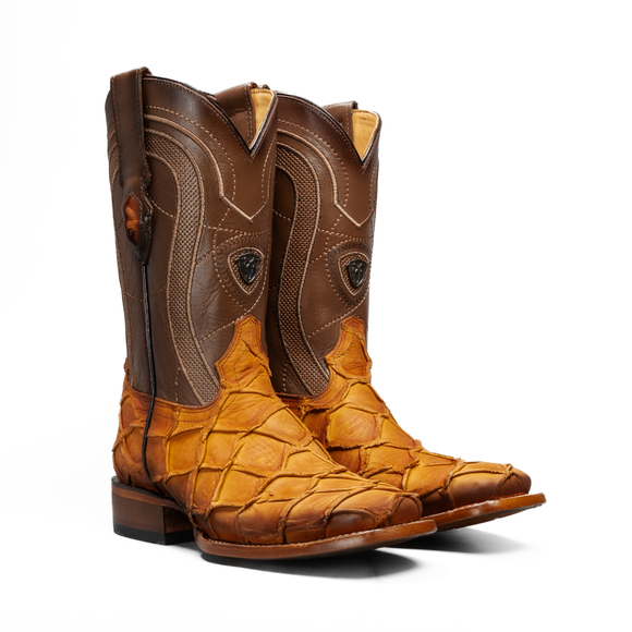 MEN’S HONEY PIRARUCU MONSTER FISH COWBOY BOOTS – SQUARE TOE PREMIUM FULL GRAIN LEATHER