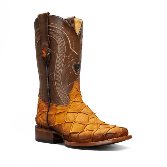 MEN’S HONEY PIRARUCU MONSTER FISH COWBOY BOOTS – SQUARE TOE PREMIUM FULL GRAIN LEATHER