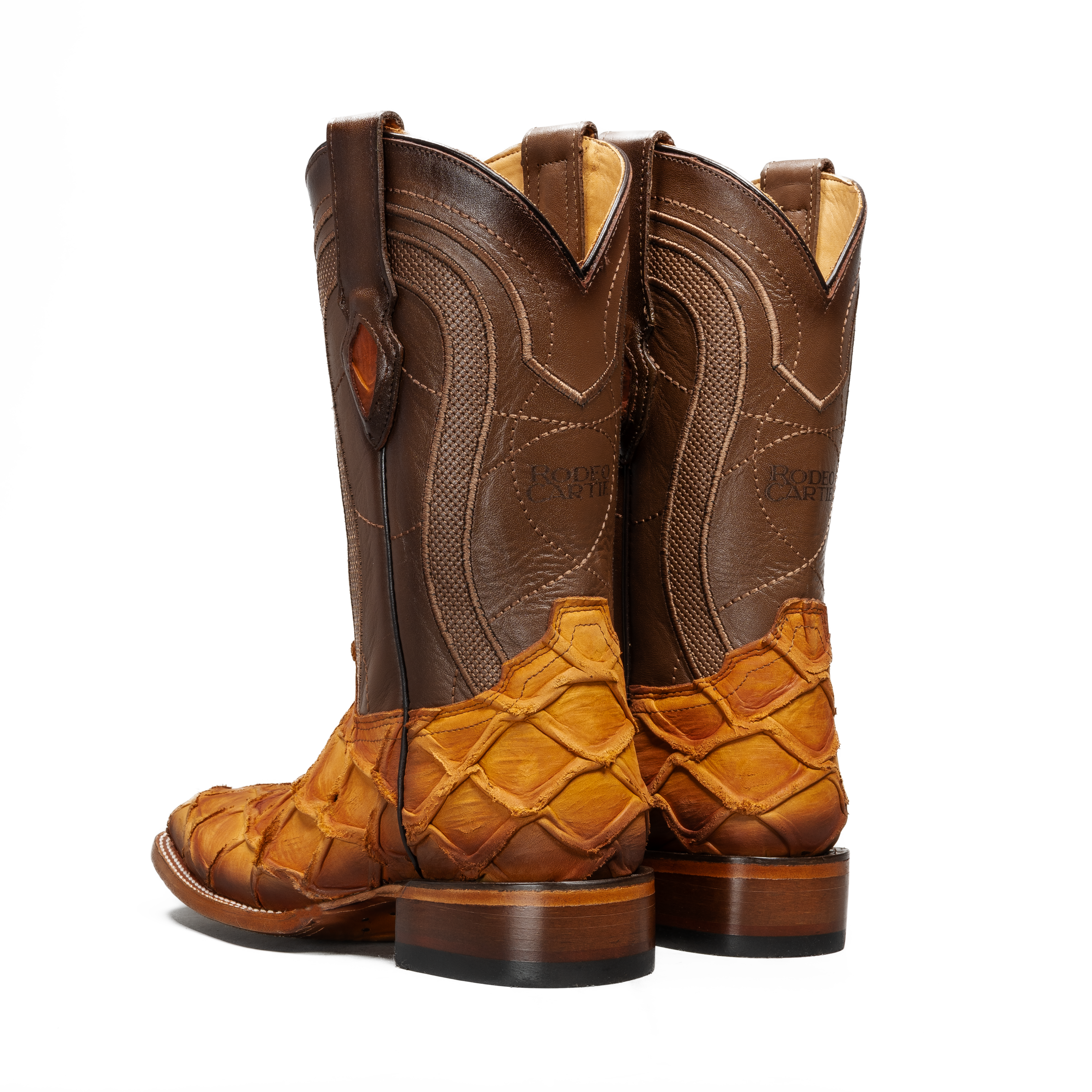 MEN’S HONEY PIRARUCU MONSTER FISH COWBOY BOOTS – SQUARE TOE PREMIUM FULL GRAIN LEATHER