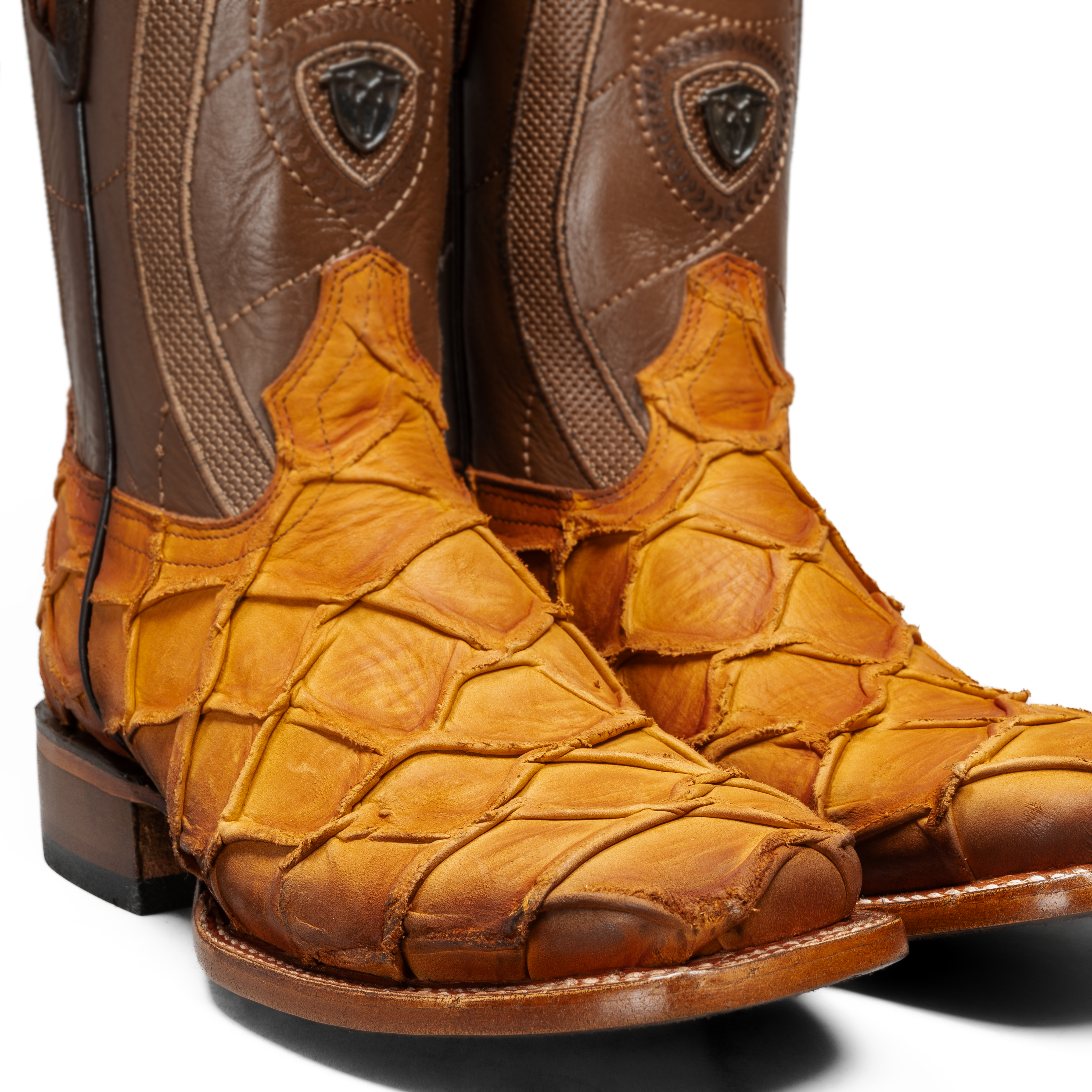 MEN’S HONEY PIRARUCU MONSTER FISH COWBOY BOOTS – SQUARE TOE PREMIUM FULL GRAIN LEATHER - 0