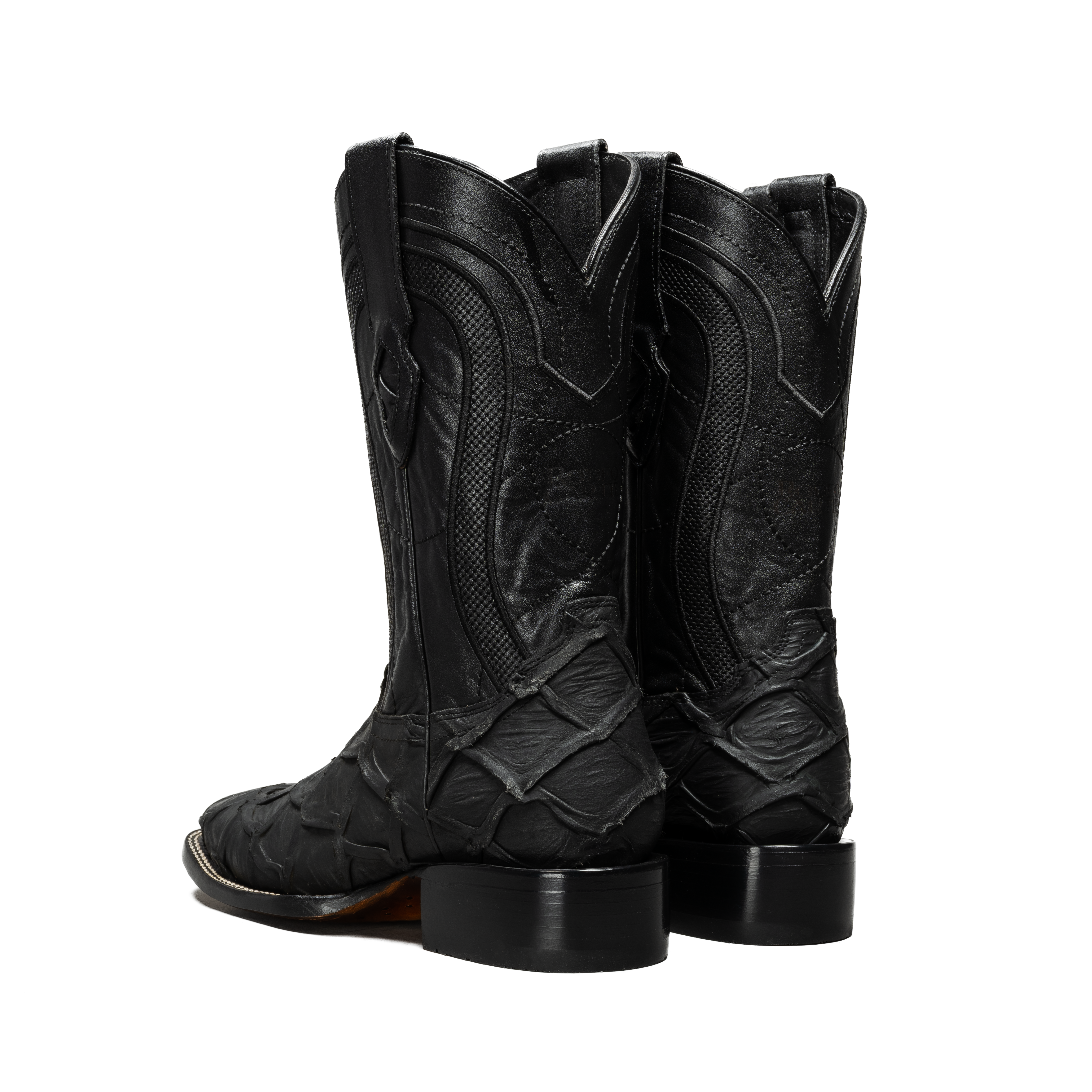 MEN’S BLACK PIRARUCU MONSTER FISH COWBOY BOOTS  SQUARE TOE PREMIUM FULL GRAIN LEATHER