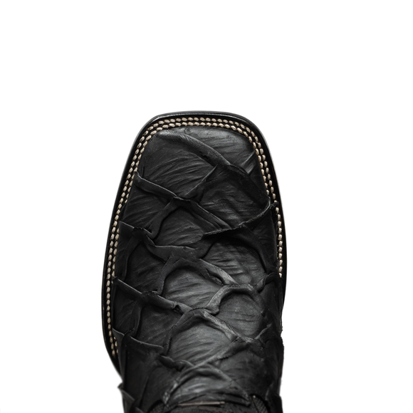 MEN’S BLACK PIRARUCU MONSTER FISH COWBOY BOOTS  SQUARE TOE PREMIUM FULL GRAIN LEATHER