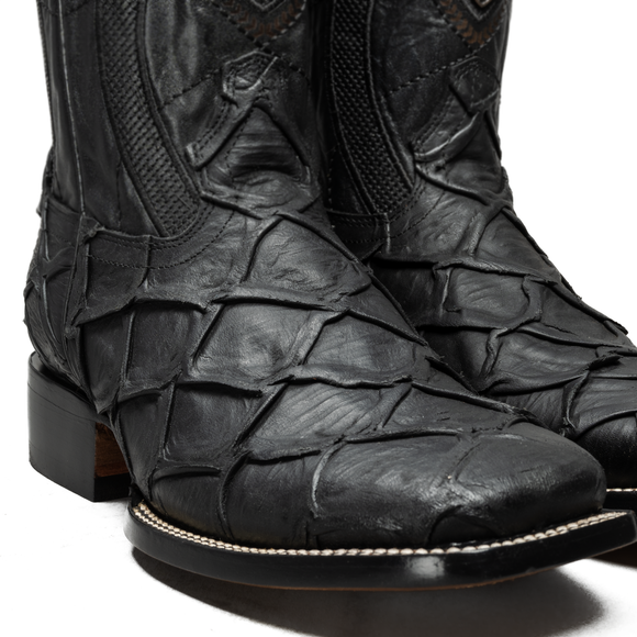 MEN’S BLACK PIRARUCU MONSTER FISH COWBOY BOOTS  SQUARE TOE PREMIUM FULL GRAIN LEATHER