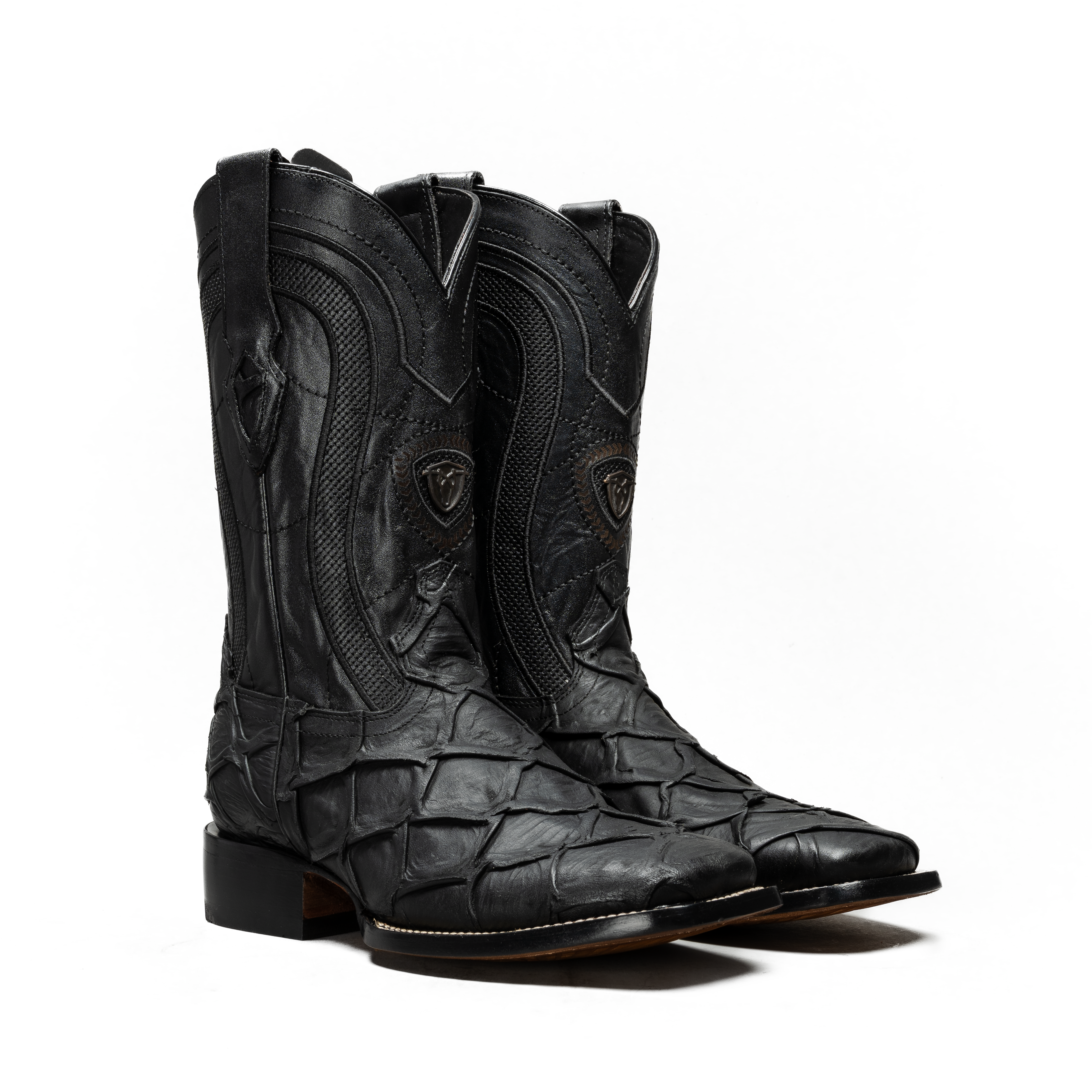 MEN’S BLACK PIRARUCU MONSTER FISH COWBOY BOOTS  SQUARE TOE PREMIUM FULL GRAIN LEATHER