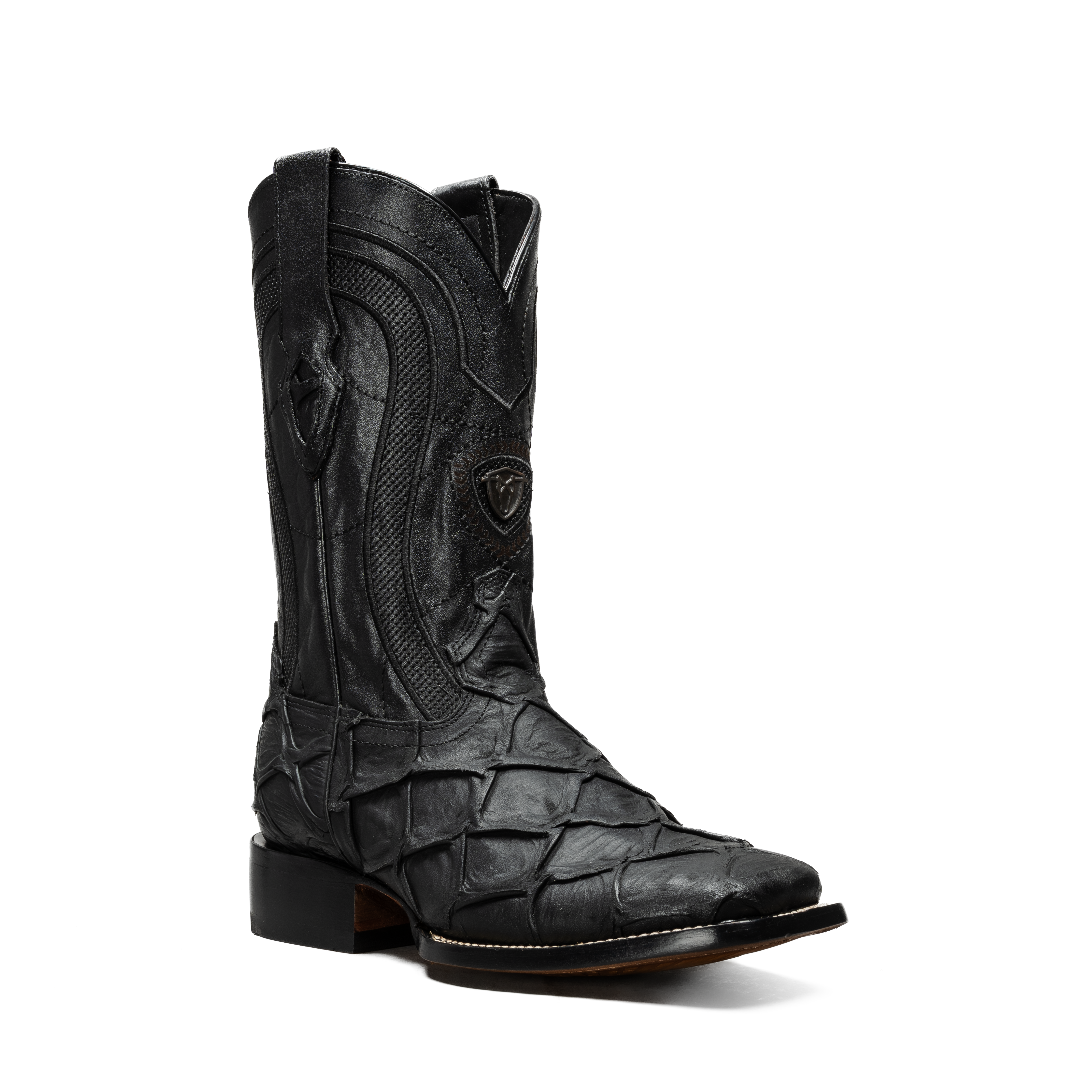 MEN’S BLACK PIRARUCU MONSTER FISH COWBOY BOOTS  SQUARE TOE PREMIUM FULL GRAIN LEATHER - 0