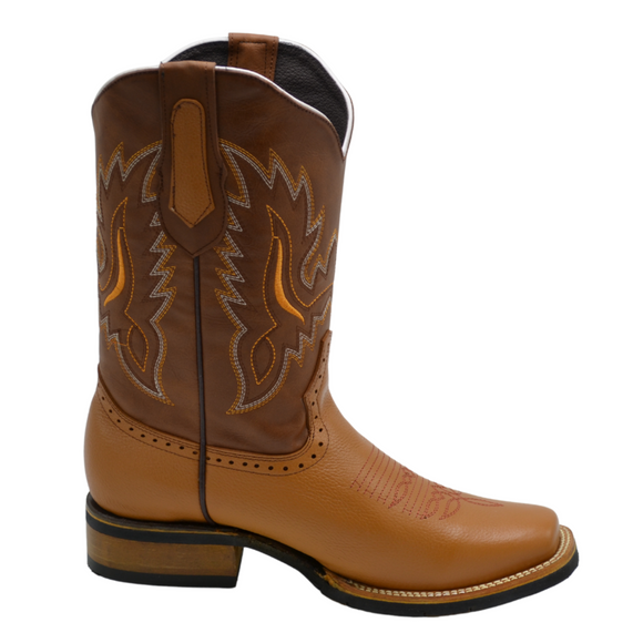 VE-030  TAN Men's Western Boots: Square Toe, Sole Rubber Cowboy & Rodeo Boots in Genuine Leather