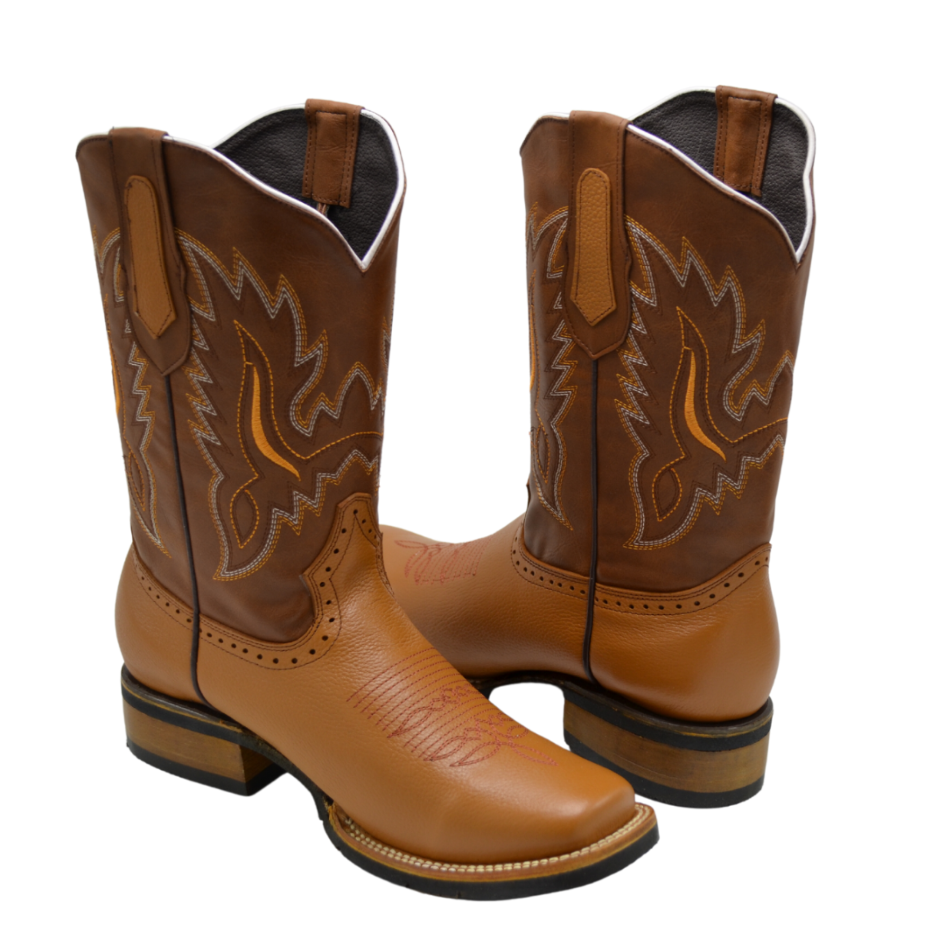 VE-030  TAN Men's Western Boots: Square Toe, Sole Rubber Cowboy & Rodeo Boots in Genuine Leather