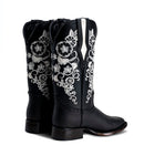 WOMEN’S 1501 BLACK PREMIUM COWBOY BOOTS – SQUARE TOE WESTERN BOOT WITH WHITE EMBROIDERED FLOWERS-4